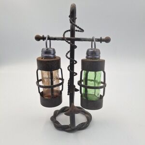 Vintage Nautical Glass Hanging Lanterns Salt & Pepper Shakers With Anchor Stand